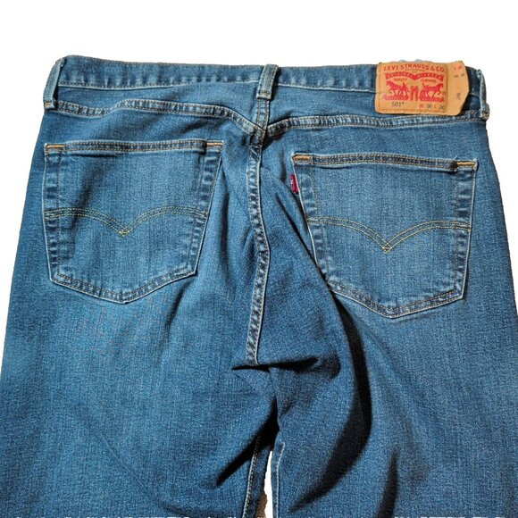 Levis 501 Mens Blue Dark Wash Straight Leg Fit Button Fly Modern Jeans 36X28 - Picture 6 of 14